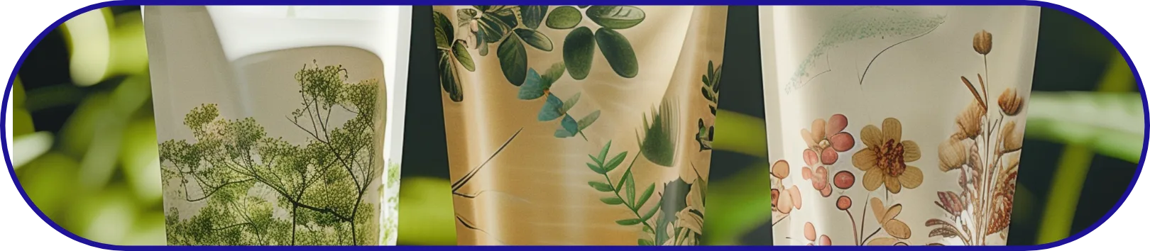 A trio of plant-themed stand-up pouches with botanical designs, emphasizing sustainable and visually appealing packaging for organic products.