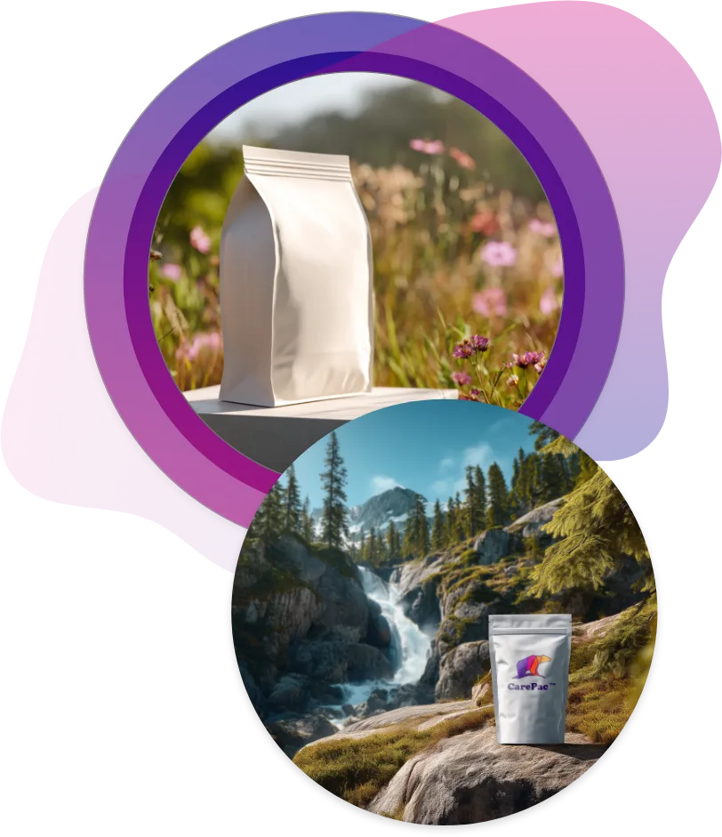 White box bottom pouch and stand-up pouch placed in a vibrant wildflower meadow and a scenic mountain waterfall, showcasing natural, compostable packaging in an outdoor setting representing eco-friendly packaging solutions inspired by nature.
