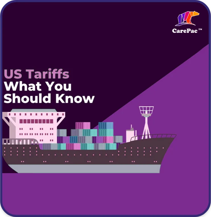 Illustration of a cargo ship loaded with colorful shipping containers under the title "US Tariffs – What You Should Know," highlighting information on import/export taxes, customs regulations, and international shipping logistics.