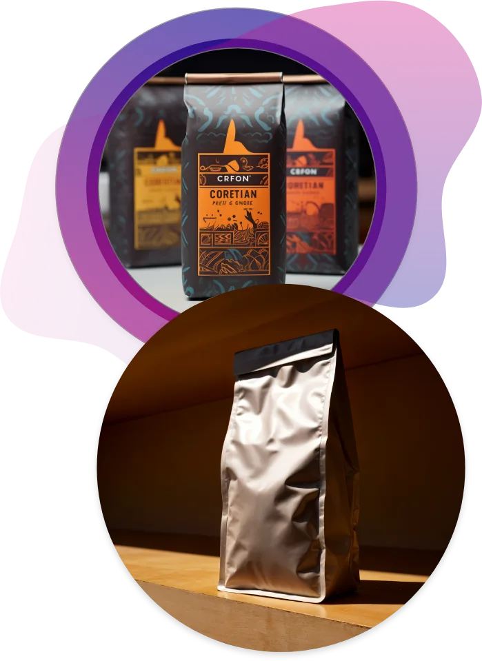 A custom-printed coffee bag with a colorful label alongside a plain metallic silver coffee pouch, showcasing versatile coffee packaging options.