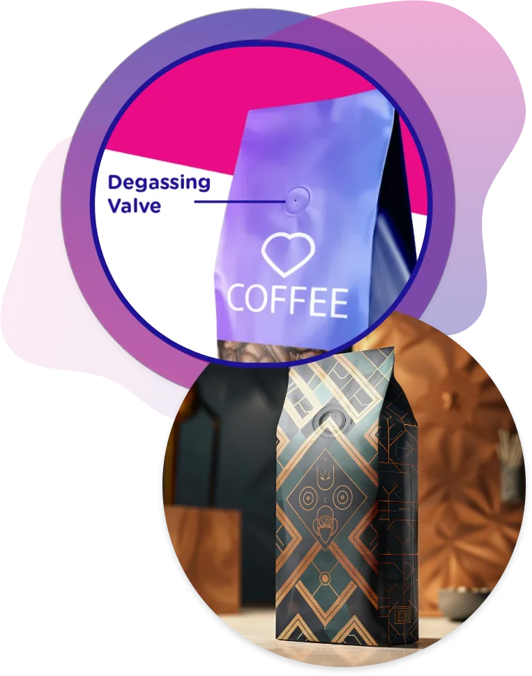 Custom printed coffee bag with a degassing valve Custom printed stand-up coffee pouch featuring a one-way degassing valve for freshness and aroma control.