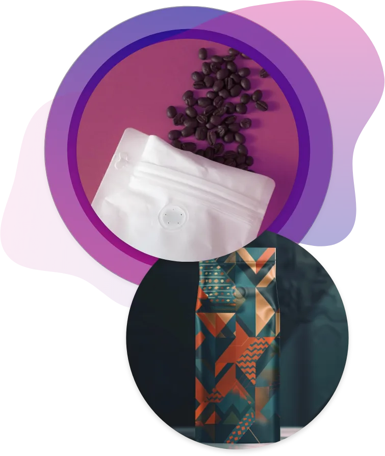 High-End Custom Printed Coffee Pouch with Degassing Valve Premium custom printed coffee pouch with colorful geometric pattern and a functional degassing valve for maintaining coffee freshness.