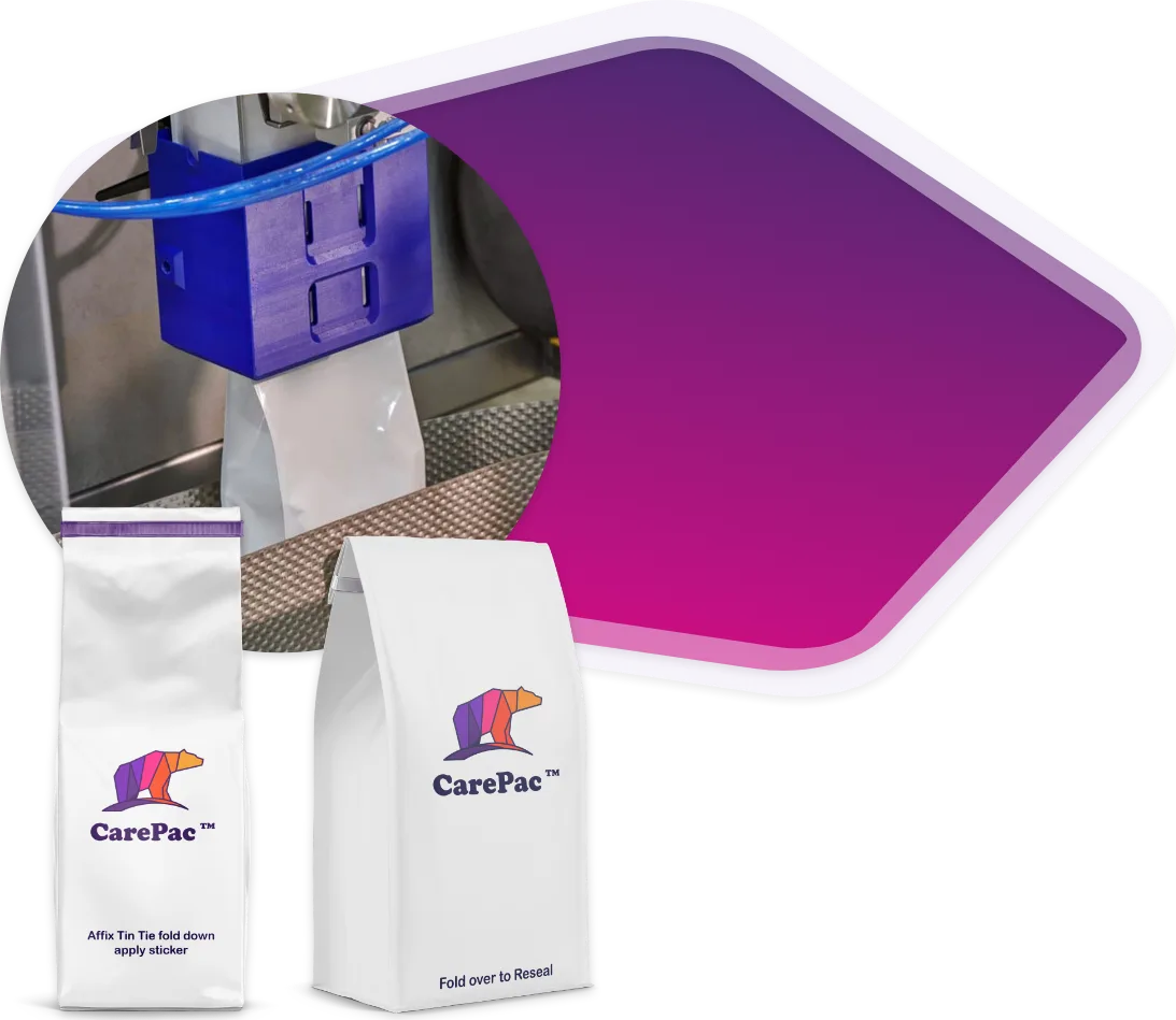 White CarePac coffee bags shown in a packaging machine with resealable tin tie closure, demonstrating coffee bag manufacturing, branding, and custom food-safe packaging.