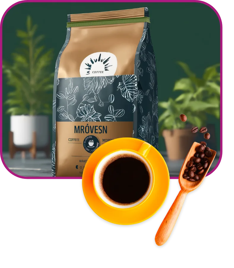 Modern coffee packaging bag with botanical design labeled "MRÓVESN," displayed alongside a steaming cup of black coffee in a yellow saucer and wooden scoop of roasted coffee beans.