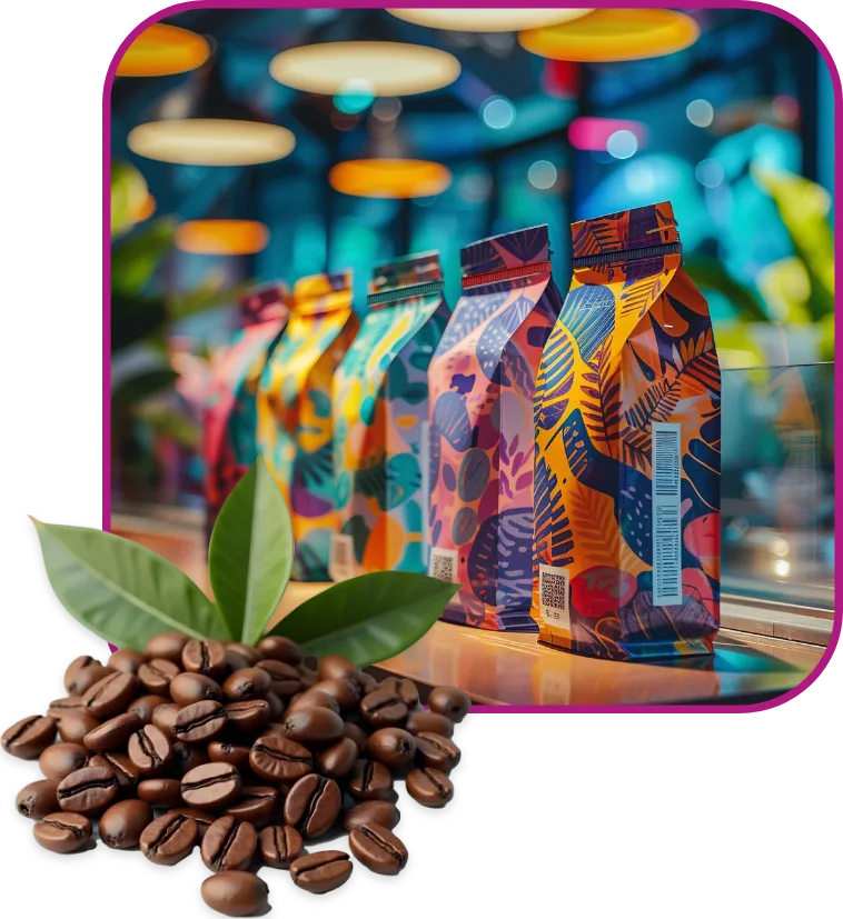 Colorful custom printed coffee bags lined up on a counter with roasted coffee beans and green leaves in the foreground, showcasing premium specialty coffee packaging designs.