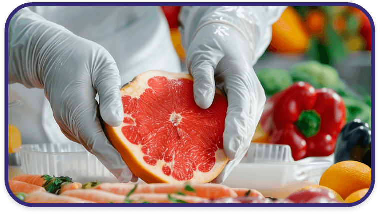 Scientist wearing gloves inspecting a grapefruit and fresh produce, symbolizing preventive controls and food contamination testing required by FSMA regulations.