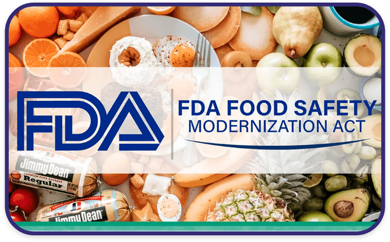 Image of the FDA Food Safety Modernization Act logo over fresh food products, highlighting the importance of FSMA in protecting public health and ensuring food safety.