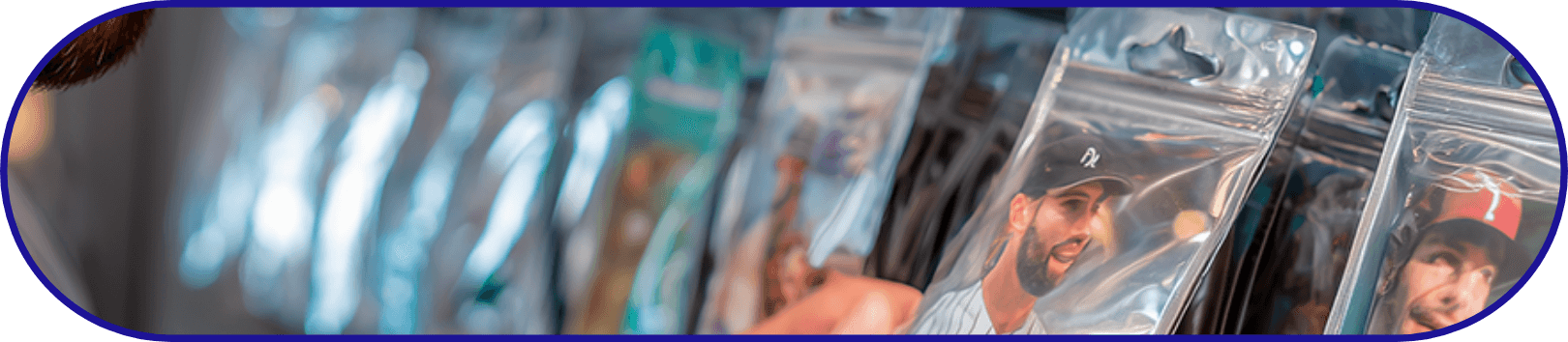 Hanging resealable CarePac pouches containing collectible baseball cards, designed for retail displays and protective trading card packaging solutions.
