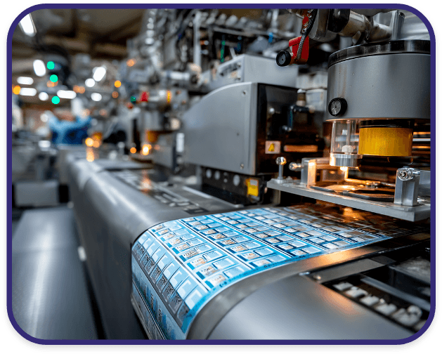 High-speed manufacturing line printing CarePac custom card packaging with precision, featuring modern printing equipment and blue packaging designs for trading cards.