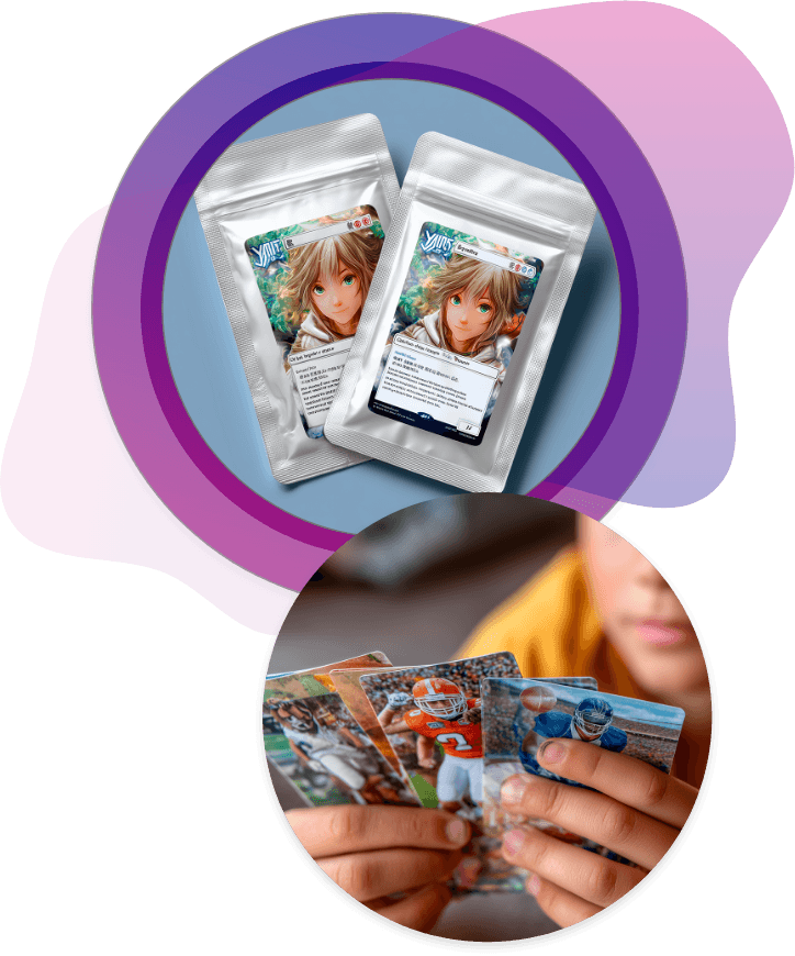 Two foil trading card packs and a child holding collectible sports cards, highlighting CarePac’s durable and resealable packaging for gaming, anime, and sports card collections.