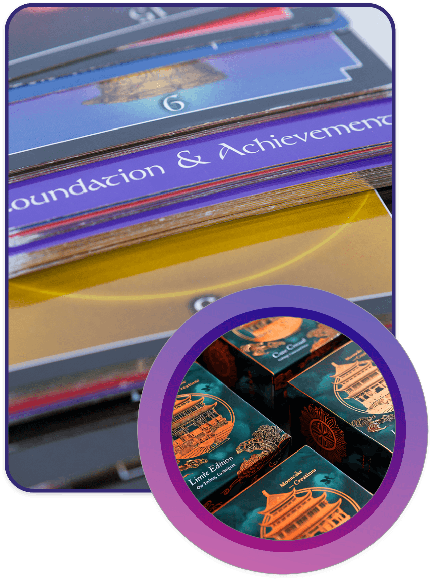 Close-up of premium collectible card packaging and custom printed boxes with gold foil detailing, showcasing CarePac’s high-quality packaging for trading cards and limited edition sets.