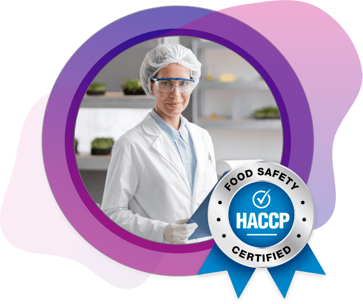 Food safety professional wearing protective gear with HACCP certification badge, representing compliance with hazard analysis and critical control points standards in food production and packaging.