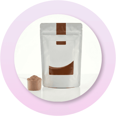 Flexible plow bottom pouch used for powdered food products and supplements, offering balanced weight distribution, product protection, and improved shelf presentation.