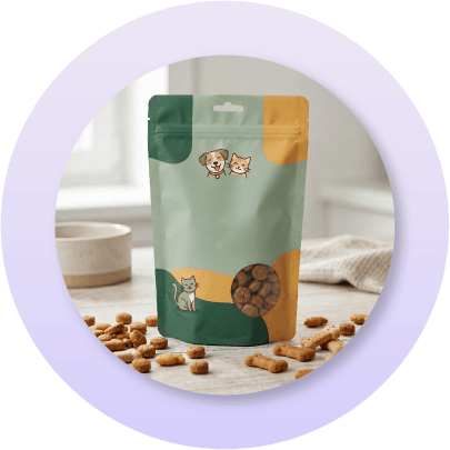 Stand-up pet food pouch with plow bottom construction designed to support heavier fills while maintaining shelf stability and attractive retail presentation.