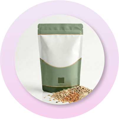 Premium stand-up pouch for grains, nuts, and specialty dry goods, featuring a plow bottom design that combines shelf stability with a clean, high-end appearance.