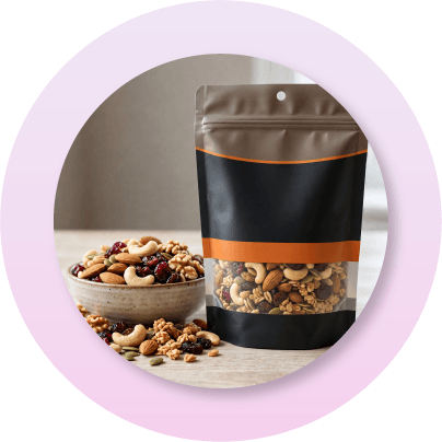 Stand-up snack pouch filled with trail mix, demonstrating how plow bottom pouches provide upright shelf display and efficient packaging for lightweight, high-volume products.