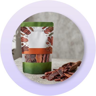 Custom flexible pouch designed for beef jerky and dried meat products, featuring a stable plow bottom structure that supports heavier, irregularly shaped contents.