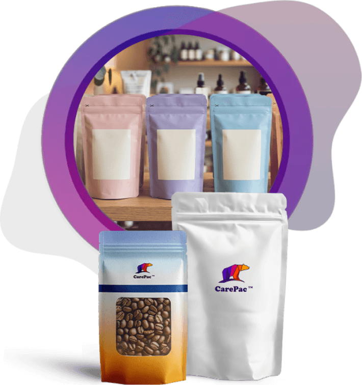 Custom K-seal stand-up pouches displayed on retail shelves alongside branded examples, highlighting their premium shelf presence, stability, and versatility across coffee, supplements, and specialty food products.