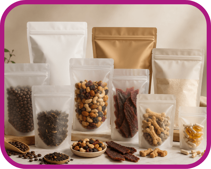 Collection of K-seal stand-up pouches filled with coffee beans, tea, trail mix, jerky, powders, pet treats, and supplements, demonstrating the format's suitability for a wide range of products.