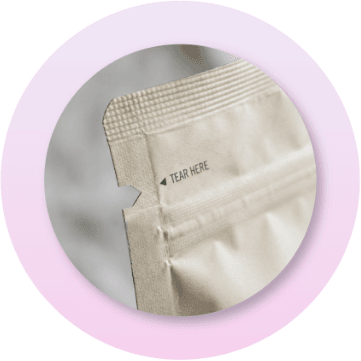 Close-up image of a tear notch integrated into a flexible pouch, allowing consumers to open the package cleanly and easily without scissors or additional tools.
