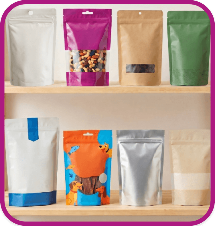 Display of customizable K-seal pouch options including clear windows, hang holes, matte and gloss finishes, specialty films, and various printing styles for retail packaging.