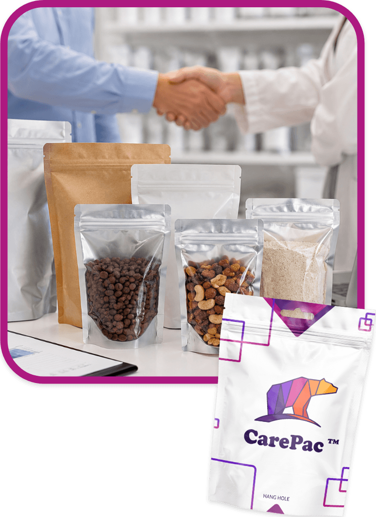 Packaging consultation featuring custom pouches and product samples during a meeting with a flexible packaging supplier to review materials, features, and design requirements for K-seal stand-up pouches.