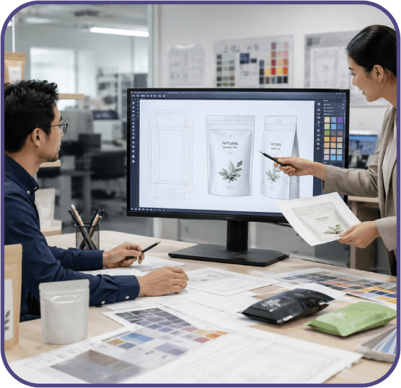 Packaging design team reviewing stand-up pouch mockups and structural layouts while developing custom plow bottom pouch packaging for branded consumer products.