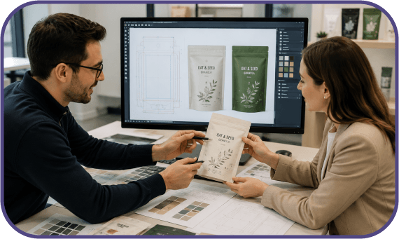 Packaging specialists reviewing flexible pouch materials and plow bottom pouch structures to determine the best packaging solution for product protection and retail performance.